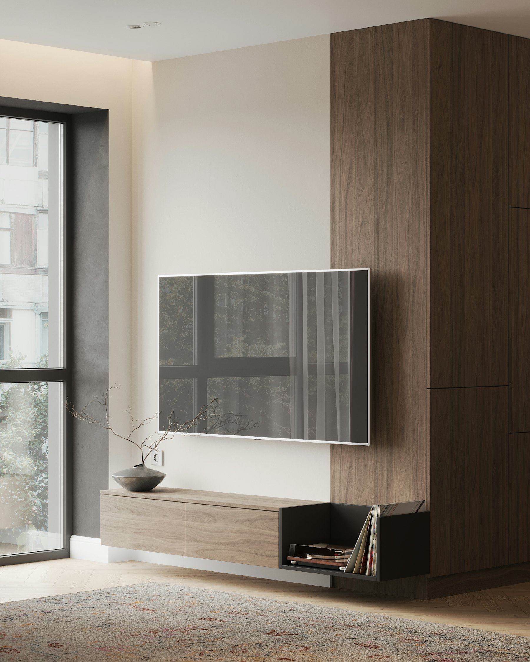 Living room with wall-mounted TV