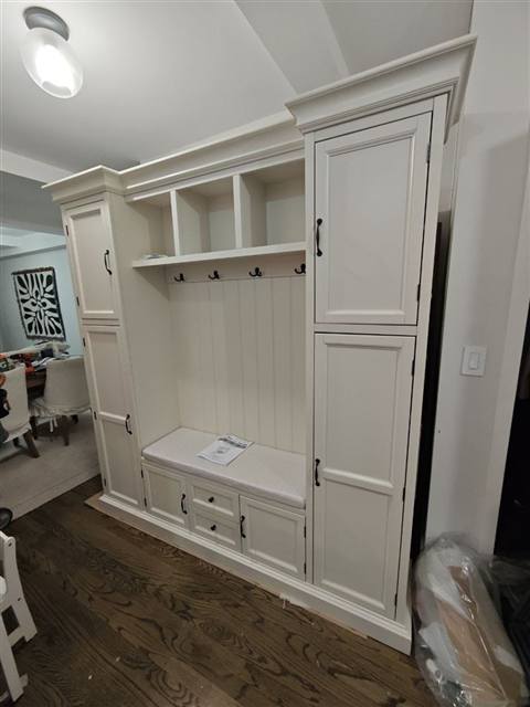 White hall tree with bench and cabinet